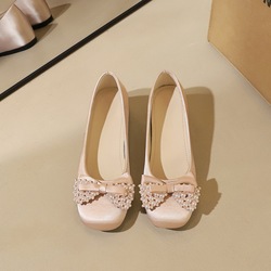 837-H165 Korean round toe, one foot, shallow mouth women's shoes, pearl bow, silk flat heel, height increasing single shoe for women