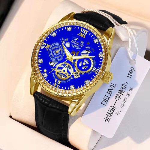 Fashionable luxury diamond waterproof belt calendar men's business hollow non-mechanical sports youth watch luminous