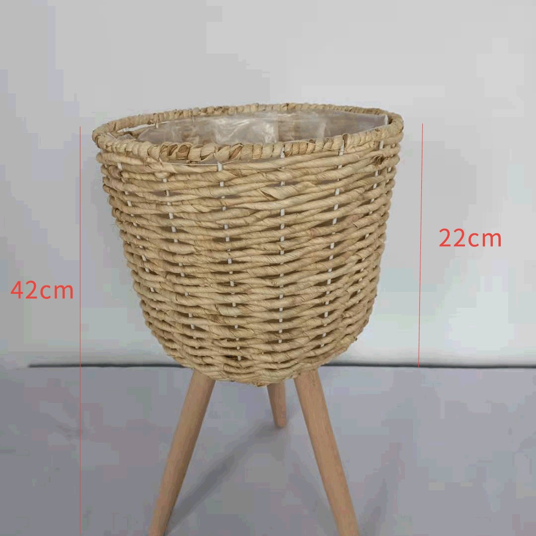Piso de La Flor soporte de madera pierna piso flor soporte tejida flor olla sala de estar balcón decoración flor cesta paja tejido piso soporte