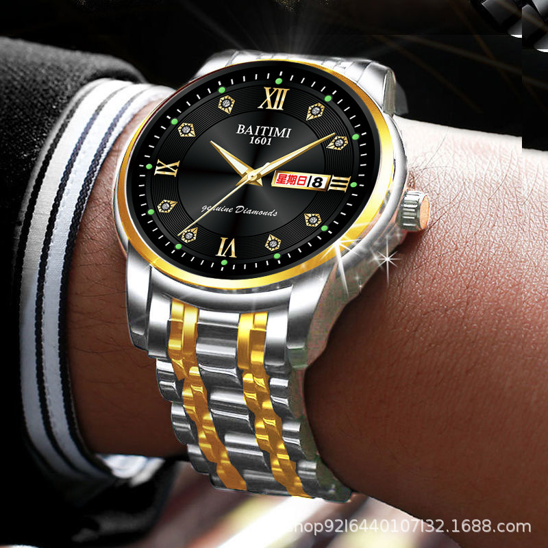 新款男士双日历商务休闲腕表夜光防水外贸批发手表金属表带石英表