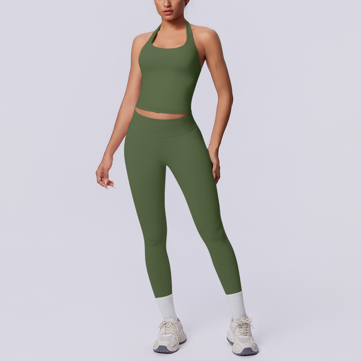 Nuevo transfronterizo sin costuras de color sólido cuello colgante hermosa espalda ajuste ajuste conjunto deportivo correr fitness yoga dos piezas conjunto