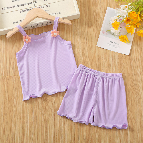Girls Suit 2024 New Summer Clothes Baby Camisole Top Shorts Children Ice Silk Sleeveless Vest Two-piece Set