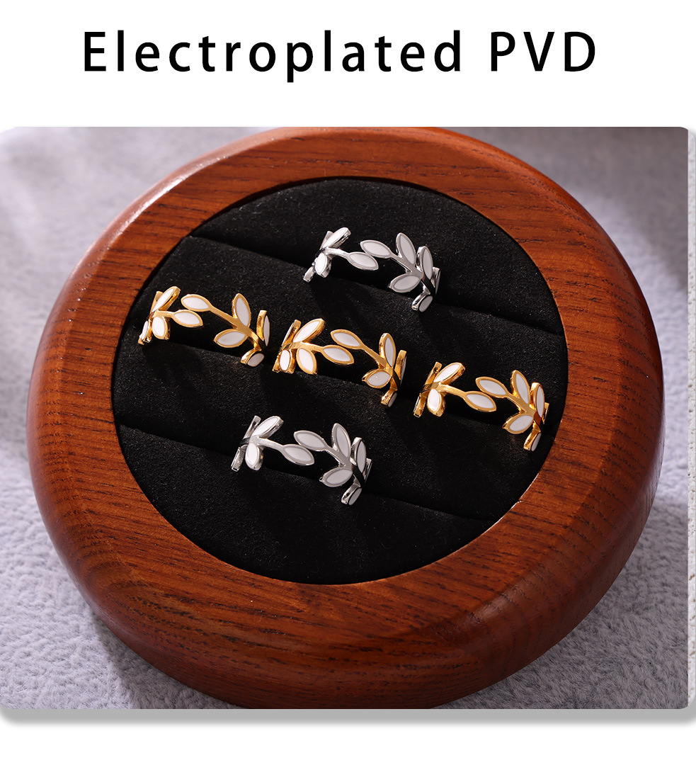 Bague carrée personnalisée en acier inoxydable PVD, motif goutte d'huile et feuille, finition sous vide, anneau ouvert._voghion.com