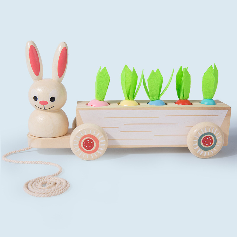 Los niños de madera animal conejo fruta vegetal tirando rábano tres-en-un carro jardín de infantes educativos juguetes de educación temprana