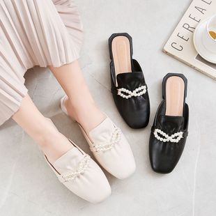 Baotou Pearl Half Slippers Women's 2024 Spring and Autumn New Outerwear Fashionable Loaf Sandals Internet Celebrity ins Lazy Shoes