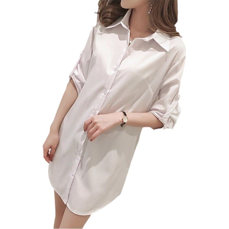 Camisa blanca de las mujeres primavera y otoño nueva manga larga suelta estilo coreano versátil más tamaño de las mujeres de longitud media BF tocando fondo camisa pulgadas de las mujeres