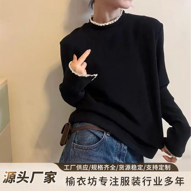 Lace-trimmed half-high collar thermal base shirt for women, autumn and winter, extra-long and thick, sweet style, long-sleeved T-shirt top Lace-trimmed half-high collar thermal base shirt for women, autumn and winter, extra-long and thick, sweet style, long-sleeved T-shirt top