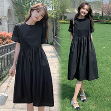 连衣裙孕妇装夏季短袖韩版宽松圆领时尚气质中长款女黑色显瘦裙子