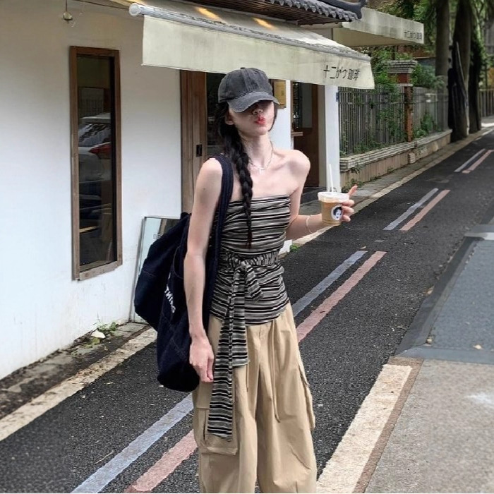 Hot Girl Sexy Striped Tube Top for Women, Summer Pure Desire Style, Strapless Inner Wear, Pure Desire Lace-Up Slim Fit Top for Outerwear