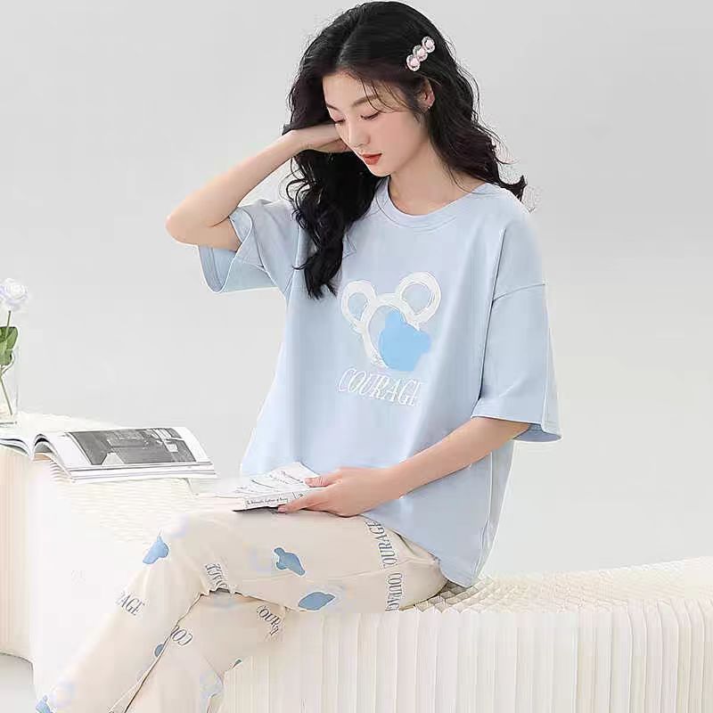Venta al por mayor transfronteriza de nuevo estilo pijamas de cuello redondo pantalones de manga corta para mujer verano fino imitación algodón dibujos animados casual servicio a domicilio traje simple image 3