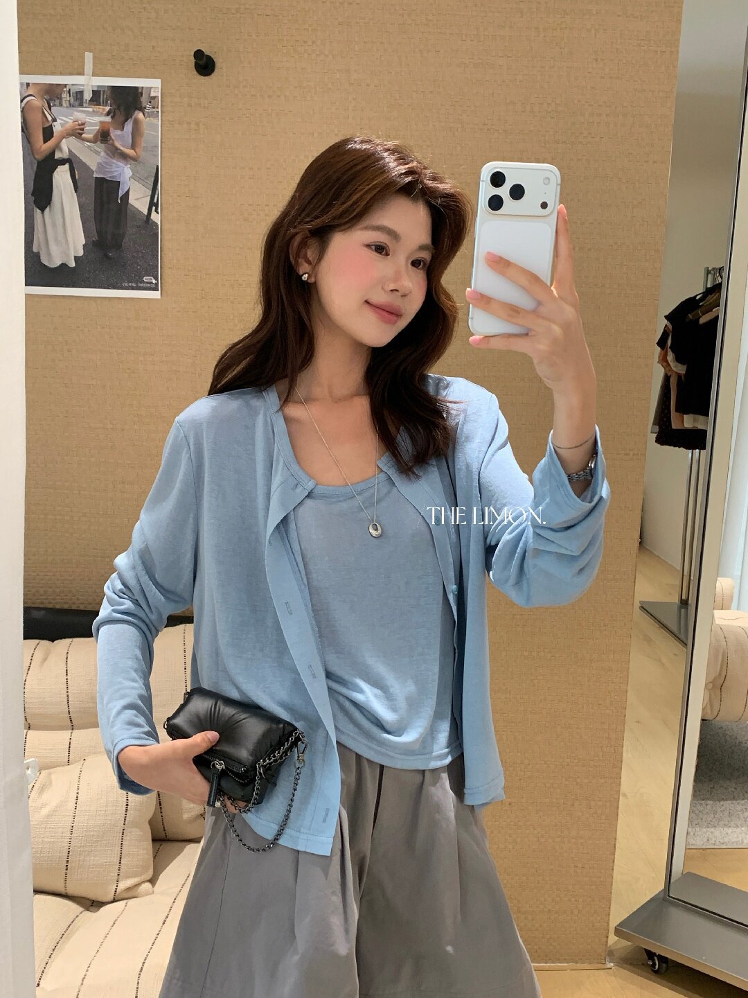 Bộ cardigan len mỏng kèm áo hai dây hai mảnh nữ mùa hè — Xám cacbon, xanh lam, màu hồng, Đậu xanh chi tiết 78