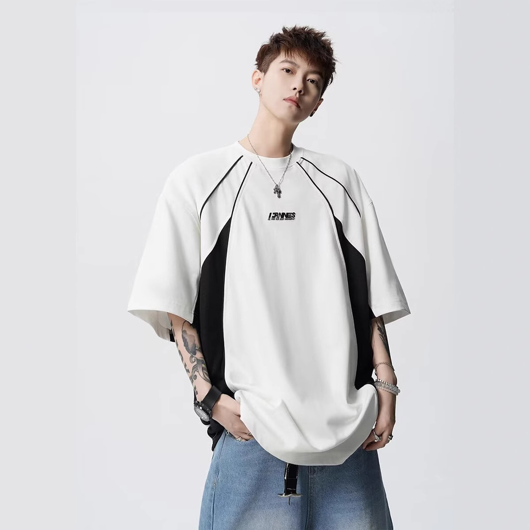 American Retro Short-Sleeved Men's T-Shirt Loose Trendy Brand Summer 2025 New Splicing Design Half-Sleeved T-Shirt Men's Clothing