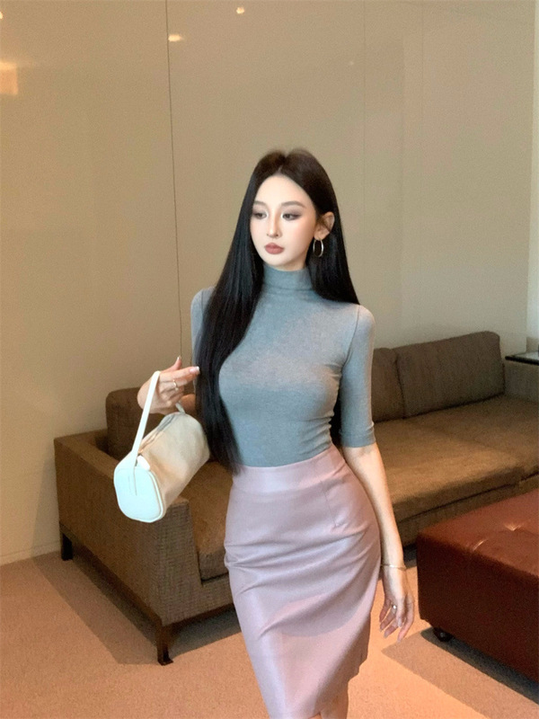 女装高级感气质半袖T恤修身显瘦半高领上衣半身裙皮裙两件套秋装|undefined