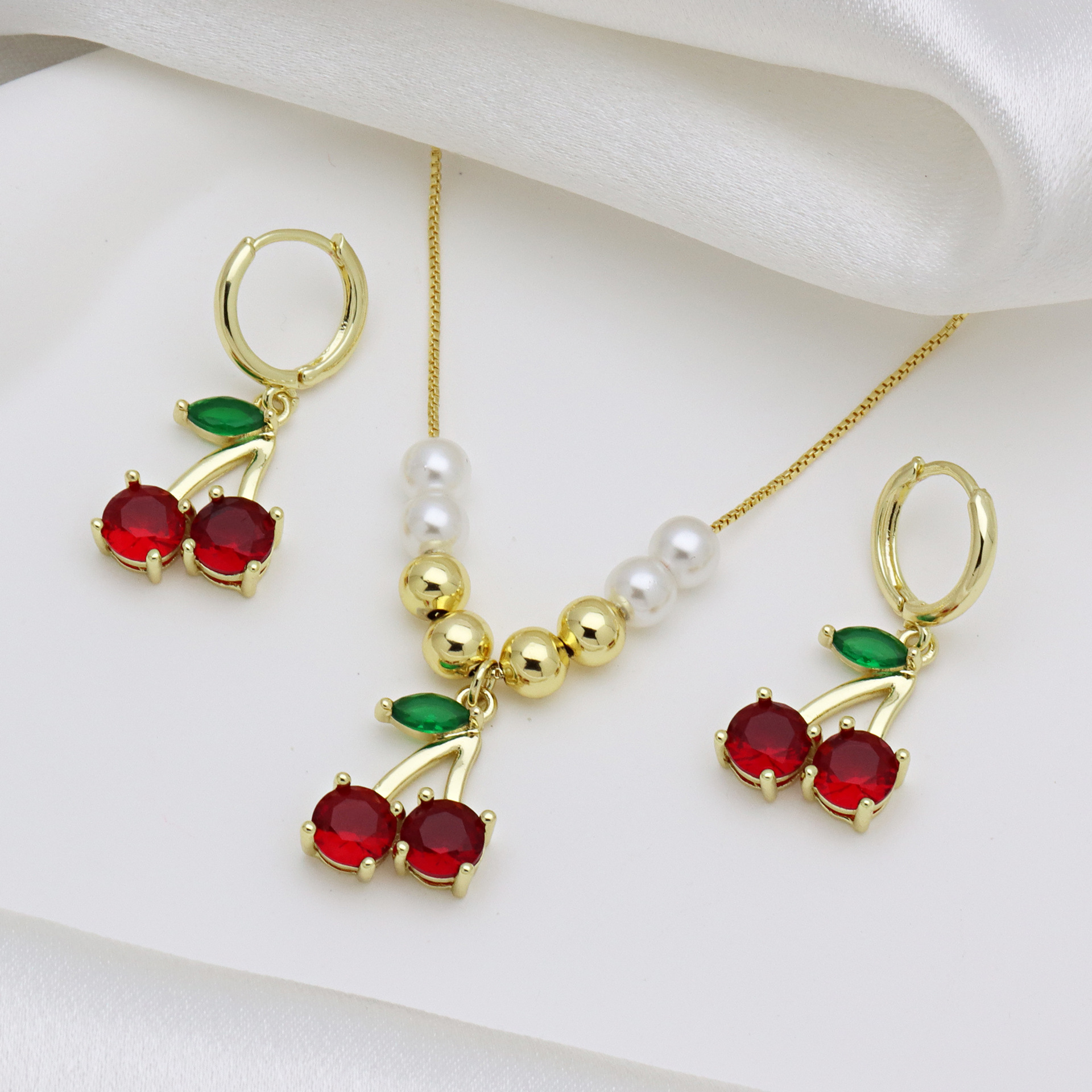 16g Weight Zircon Inlay Material Jewelry Set Classification box chain Chain Type 1 Set Quantity Holiday Occasion Copper Material Cherry Pattern All Seasons Season Women's Gender Inlay Design Vacation, Simple Style Style Wholesale Jewelry Vacation Simple Style Cherry Copper Zircon Inlay Jewelry Set Box Chain 6