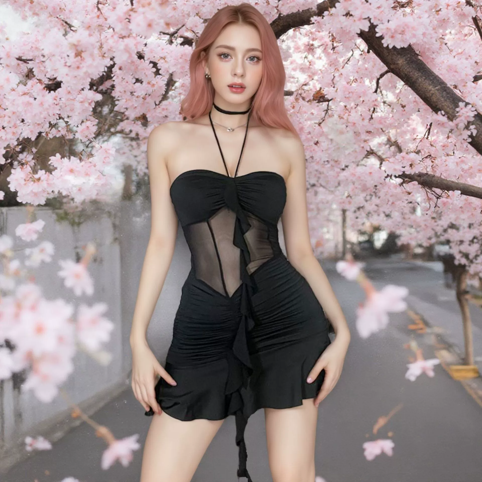 Кросс-бордерное платье 2025 года, новый сексуальный стиль, с халтером, сетчатыми вставками, без рукавов, на бретелях, облегающее, короткое, подчеркивающее бедра, для внешней торговли