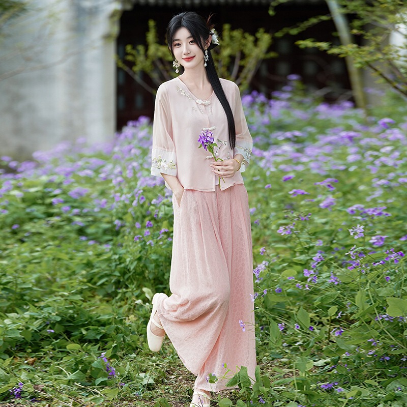 Real Shot Chinese Style Young Style Improved Hanfu suit Zen Tea Art Clothing New Chinese Style Thin Top Pants suit