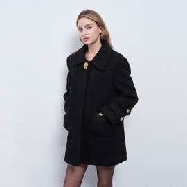 羽绒内胆50%羊毛中古金属纽扣黑色小香风毛呢外套女羽绒服新款冬