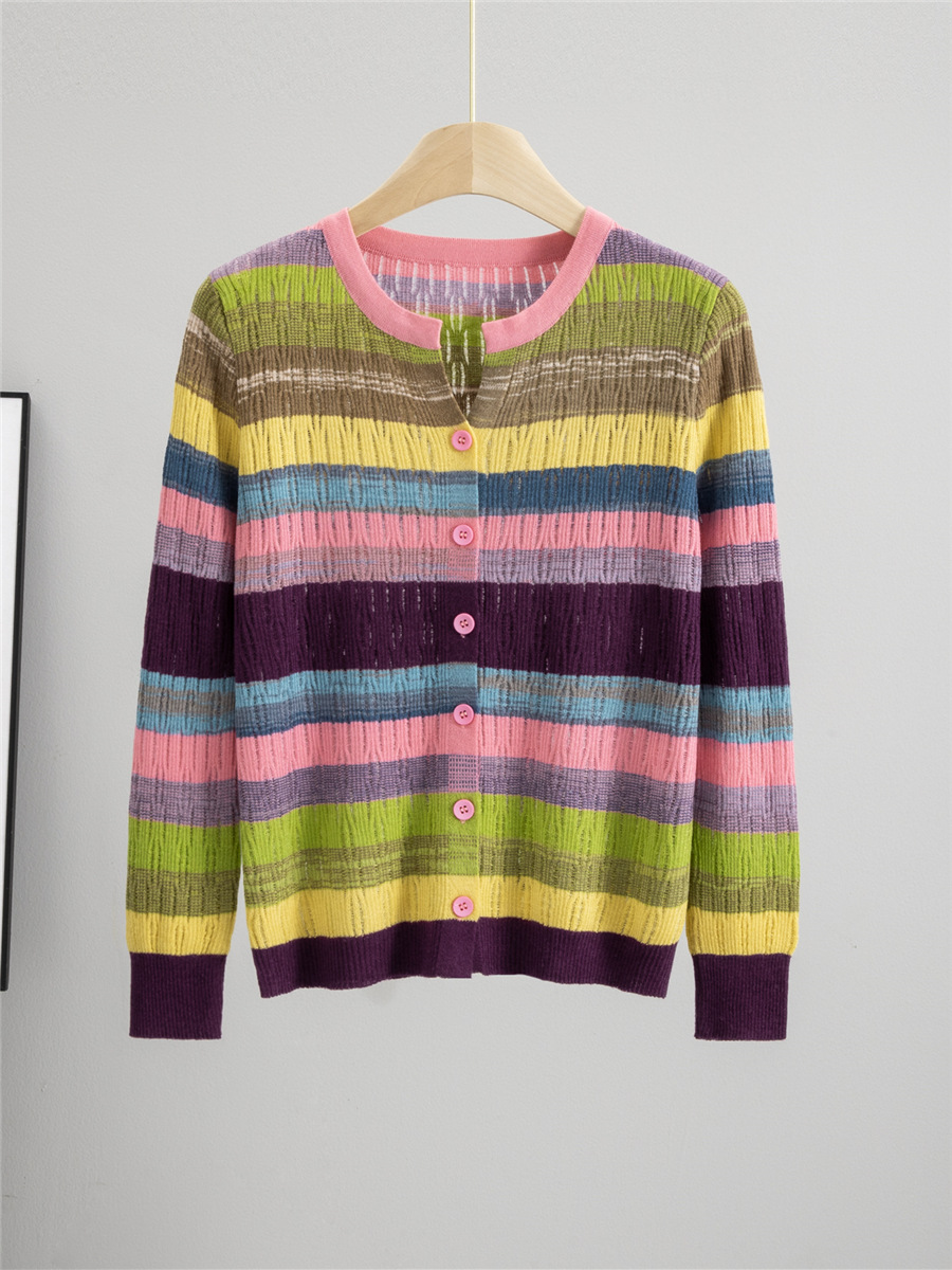 Designed Round-Neck Color-Blocked Top, Striped Long-Sleeved Jacket, Summer Casual Knitted Cardigan, Sun Protection Clothing, Air-Conditioning Shirt for Women
