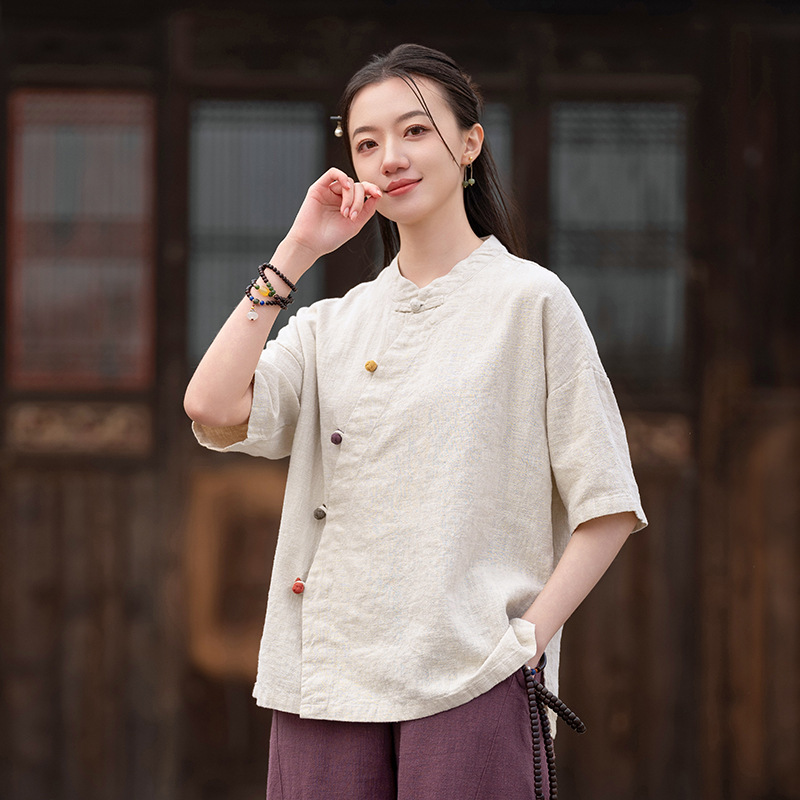 25夏季新款国风立领偏襟撞色盘扣棉麻禅意茶服衬衫女短袖复古上衣