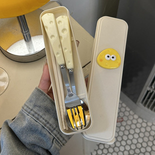 Cute Ins Cheese Spoon Fork Chopsticks Three-Piece Set Student Kidsren Portable Tableware Storage Box Set