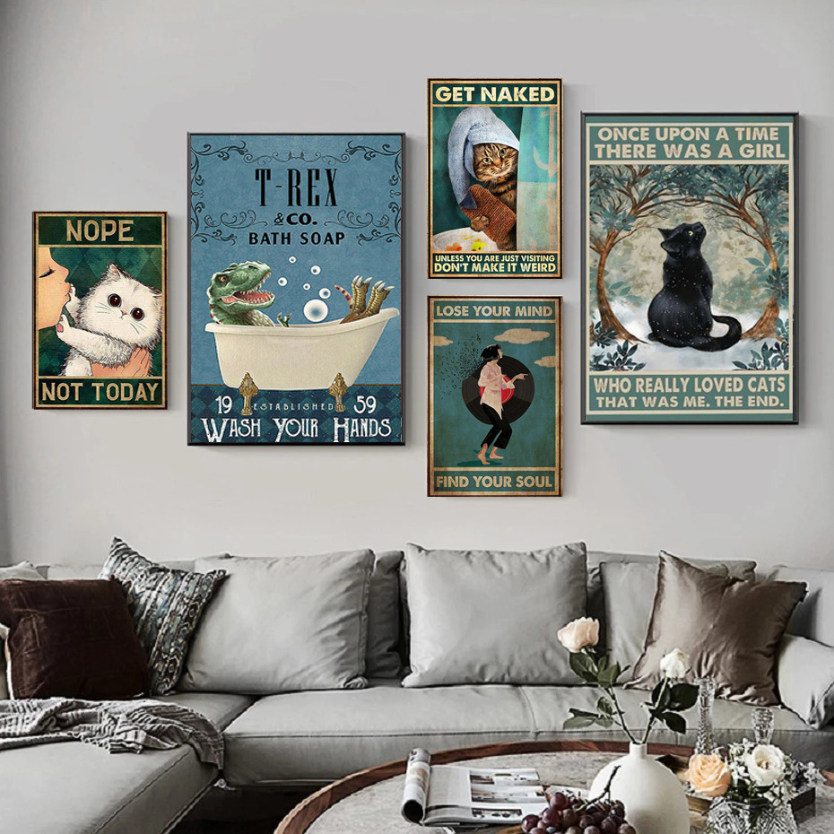 Creative Bathroom Cat Cosplay Living Room Bedroom Poster Canvas Hanging Decorative Painting Core Printing_voghion.com