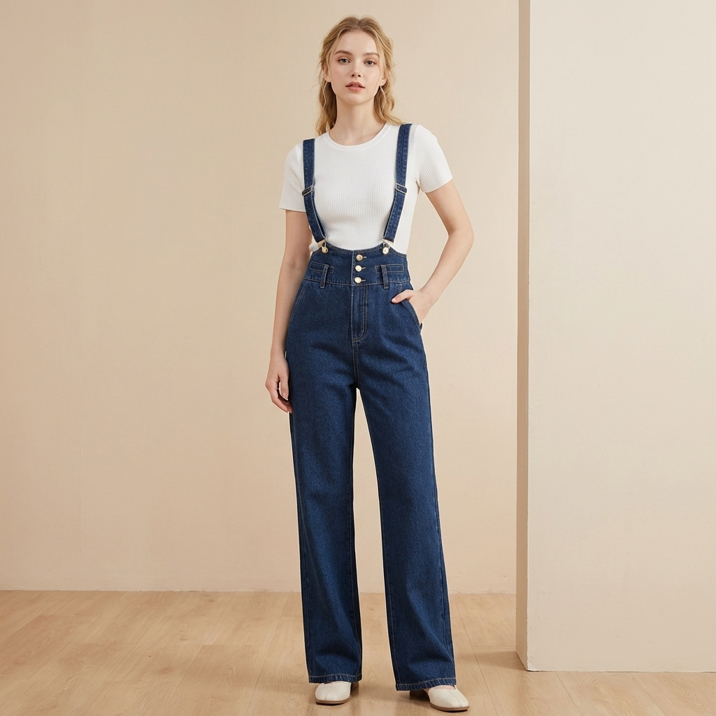 Yếm quần nữ denim ống rộng phong cách Hàn Quốc — xanh lam chi tiết 2