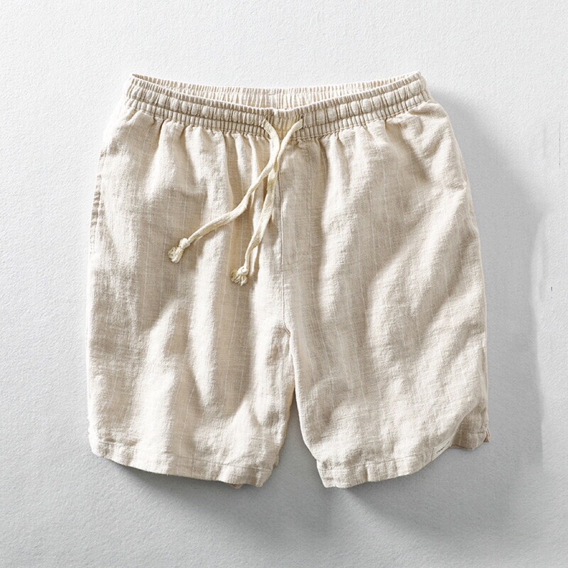 2026 Men's Summer Linen Shorts Striped Sports Pants Cotton-Linen Sweat-Wicking Loose Drawstring Five-Point Beach Shorts