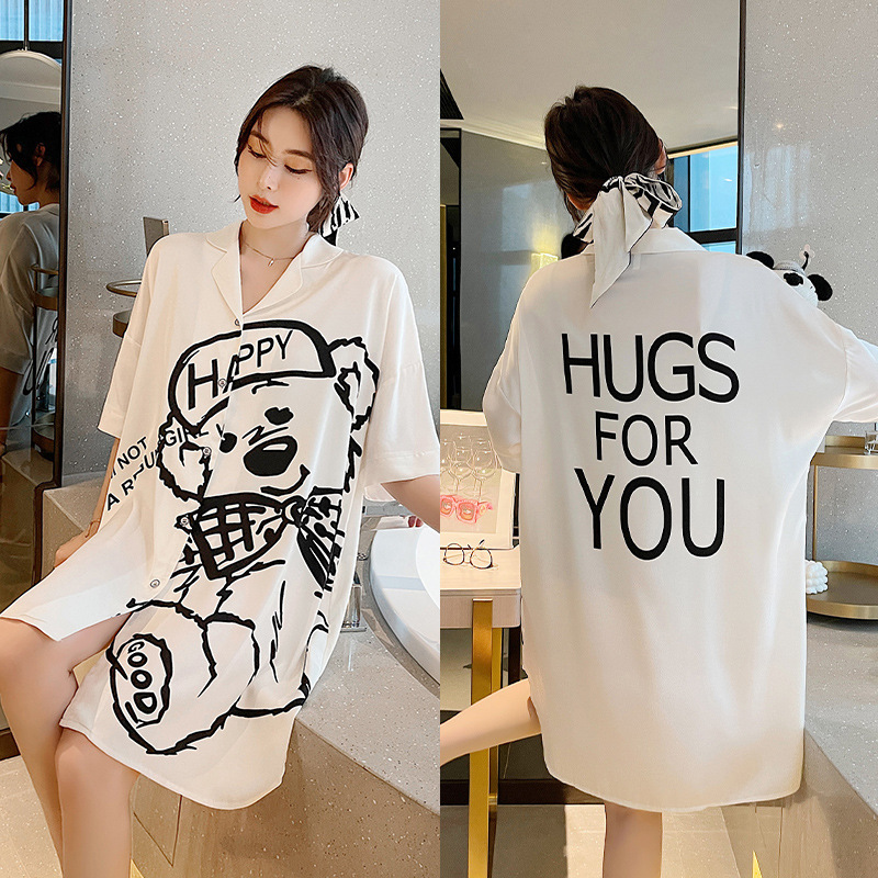 Ice Silk Pajamas for Women, Short-Sleeved, Thin, Boyfriend-Style Shirt Dress, High-End, Plus-Size Nightgown, Pure Desire Style, Home Wear, Suitable for Wearing Outside