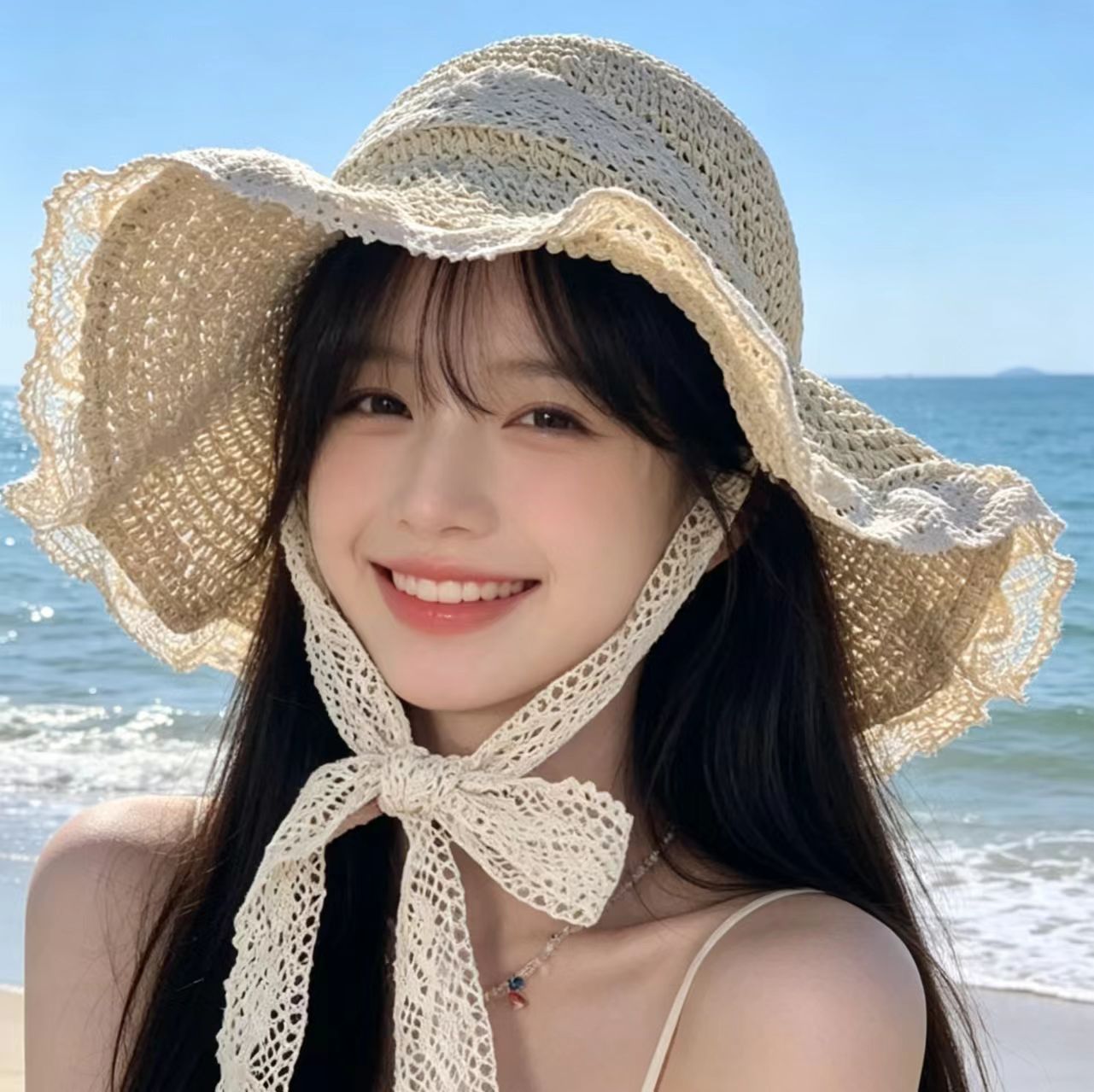 Straw Hat with Lace-Up Design, Hollow-Out Straw Hat for Women, Summer Outing Sun Protection, Beach Seaside New Style Sun Hat with Lace Trim