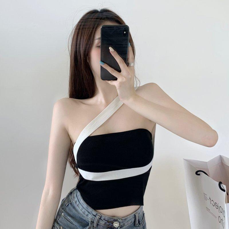 Contrast Color Small Camisole Women's Spring Pure Desire Style Sexy Shoulder Neck Top Hot Girls Navel Short Base Shirt Contrast Color Small Camisole Women's Spring Pure Desire Style Sexy Shoulder Neck Top Hot Girls Navel Short Base Shirt