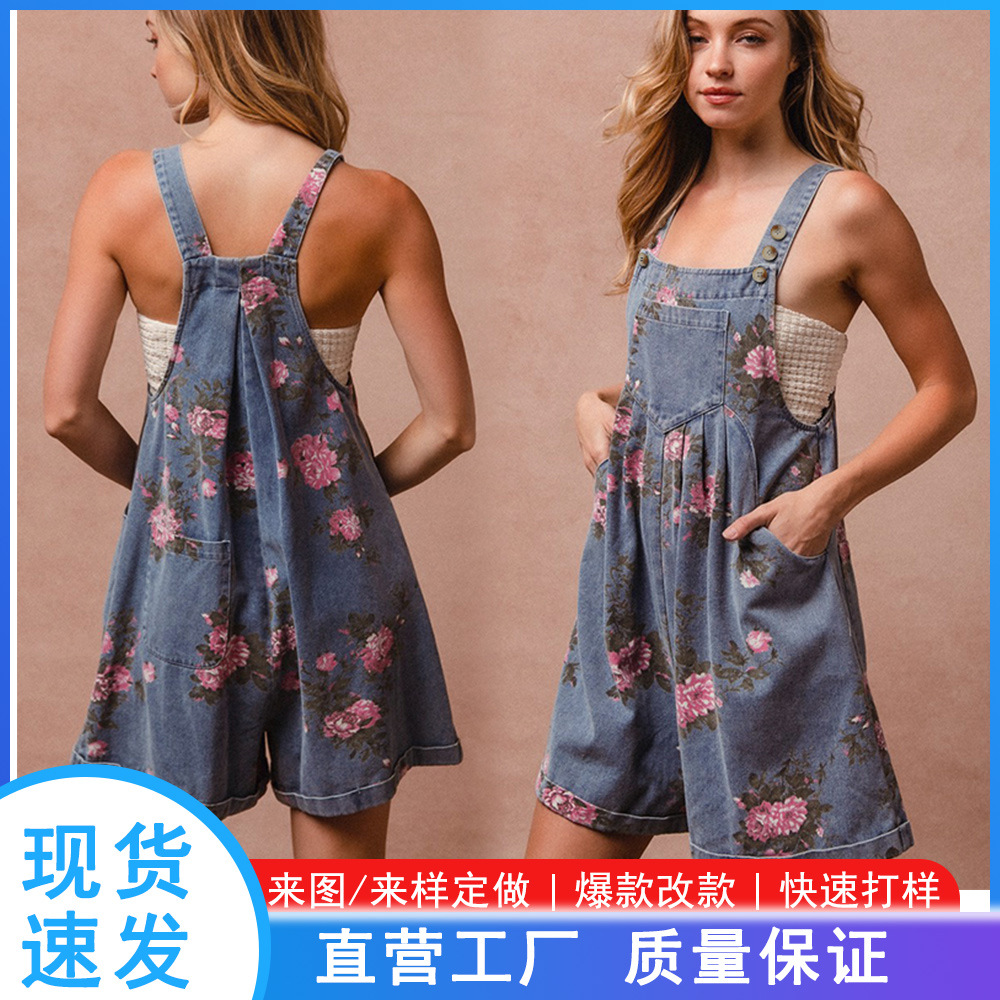 25亚马逊独立站欧美新夏季连体衣复古牛仔印花连体短裤宽松五分裤