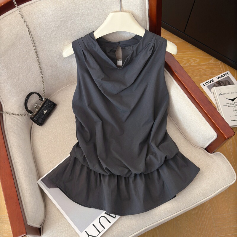 Real Shot of a Stylish Slim-Fit Ruffle Hem Sleeveless Shirt for Women, New Summer Model with Irregular Swing Collar, Fashionable Outerwear Top Real Shot of a Stylish Slim-Fit Ruffle Hem Sleeveless Shirt for Women, New Summer Model with Irregular Swing Collar, Fashionable Outerwear Top