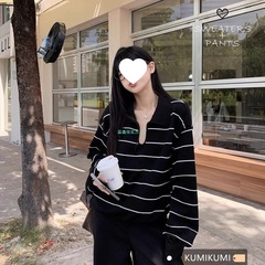 复古黑白条纹Polo领毛衣女秋冬设计感休闲宽松长袖针织衫日韩