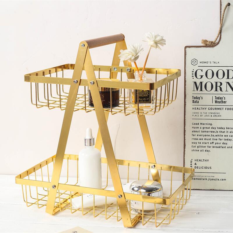 Gold-painted lacquering craft, detachable and assembly multi-layer storage, convenient wooden basket wrought iron fruit basket