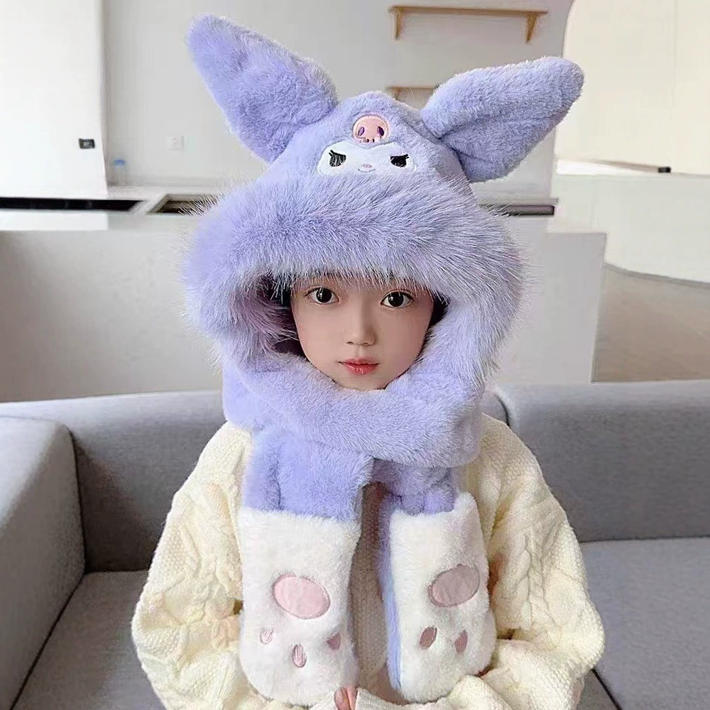 Children's cartoon scarf, hat, keep warm cute set with hood, gloves, 3 piece set
