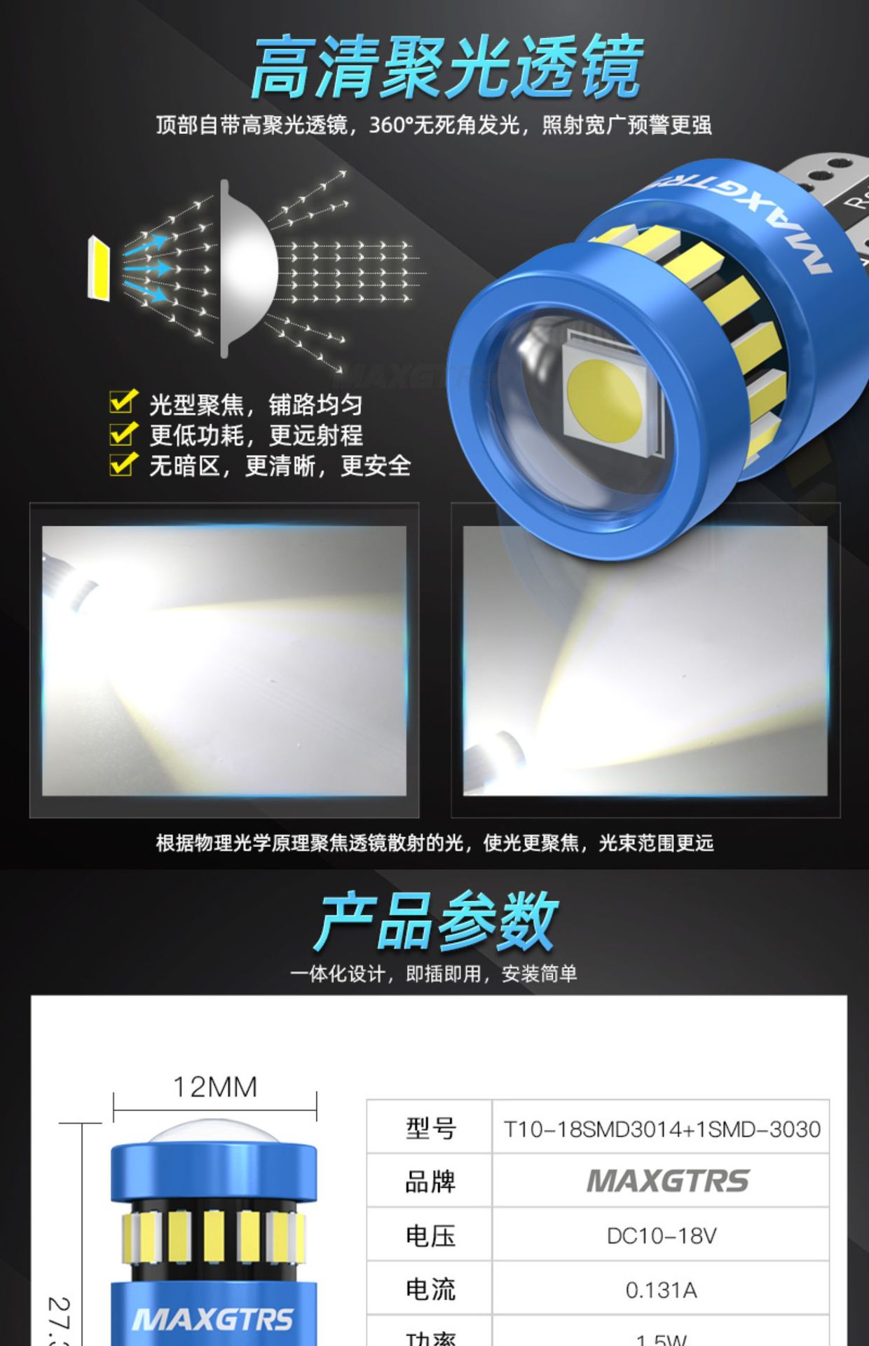 2V Car Clearance Light Super Bright LED Lens W5W License Plate Light