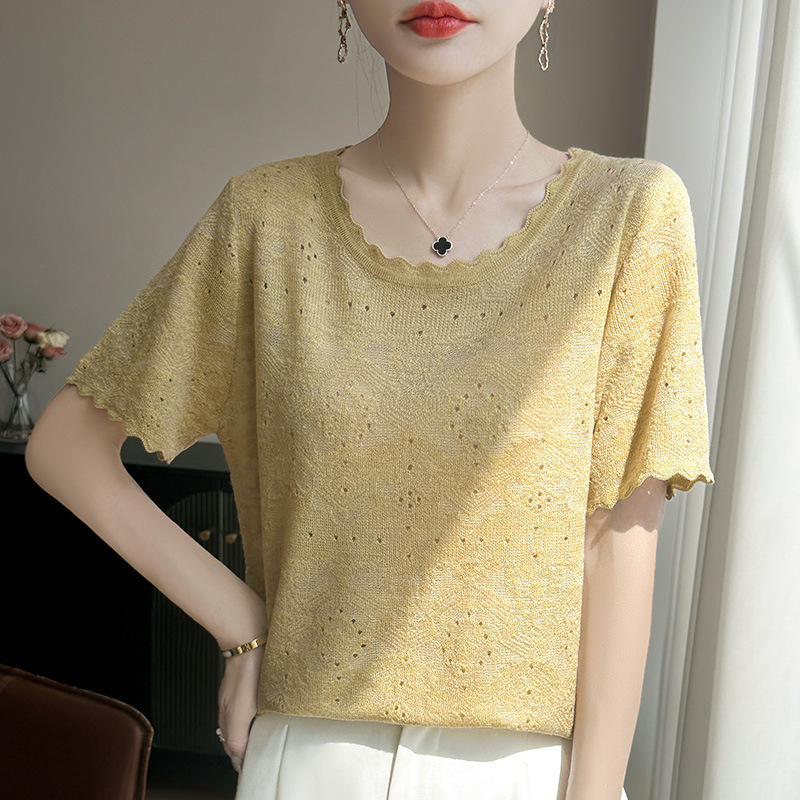 2025 Summer New Style Worsted Wool Lace Crewneck Sweater Short-sleeved T-shirt Women's Hollow Jacquard Base Shirt