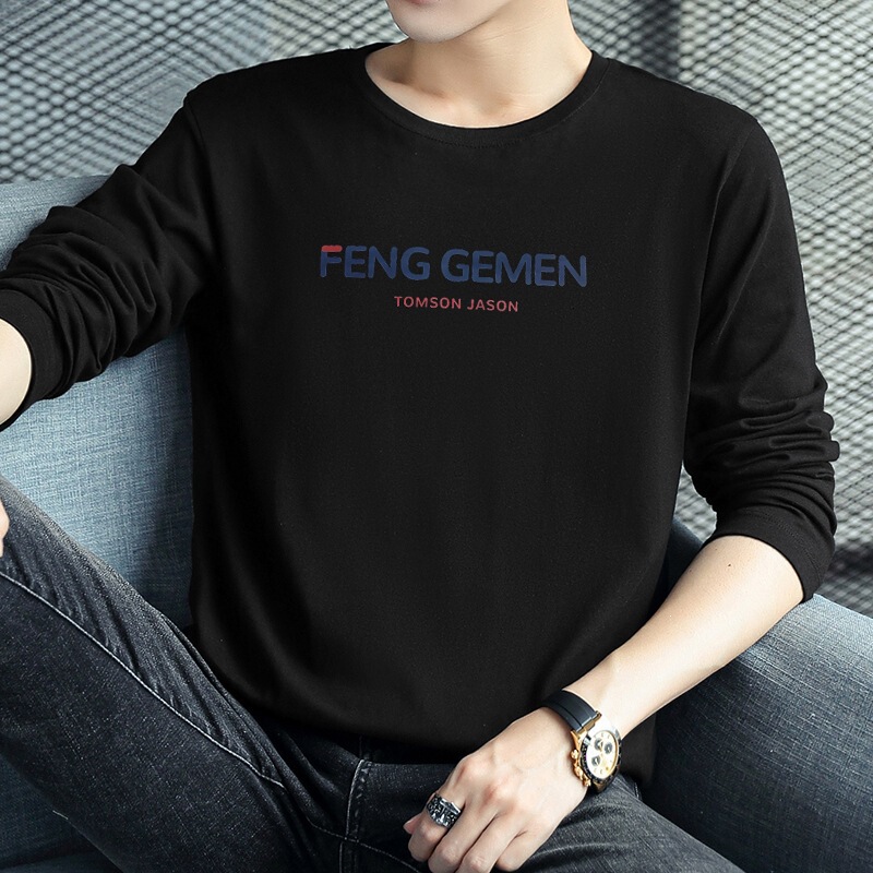 Men's long-sleeve cotton t-shirt for autumn, youth yellow loose-fitting cotton base shirt, round-neck spring and autumn style autumn top Men's long-sleeve cotton t-shirt for autumn, youth yellow loose-fitting cotton base shirt, round-neck spring and autumn style autumn top