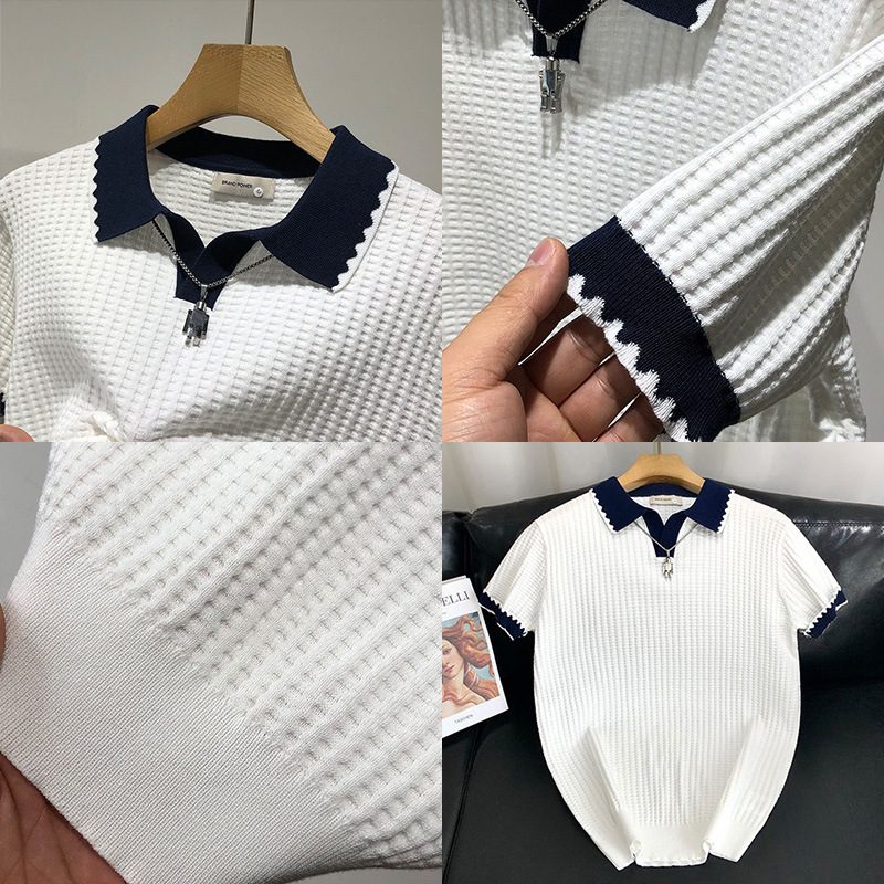 Polo camiseta de punto camiseta de manga corta hombre gaviota cuello V textural color antiguo viento camiseta de verano fábrica transfronteriza al por mayor