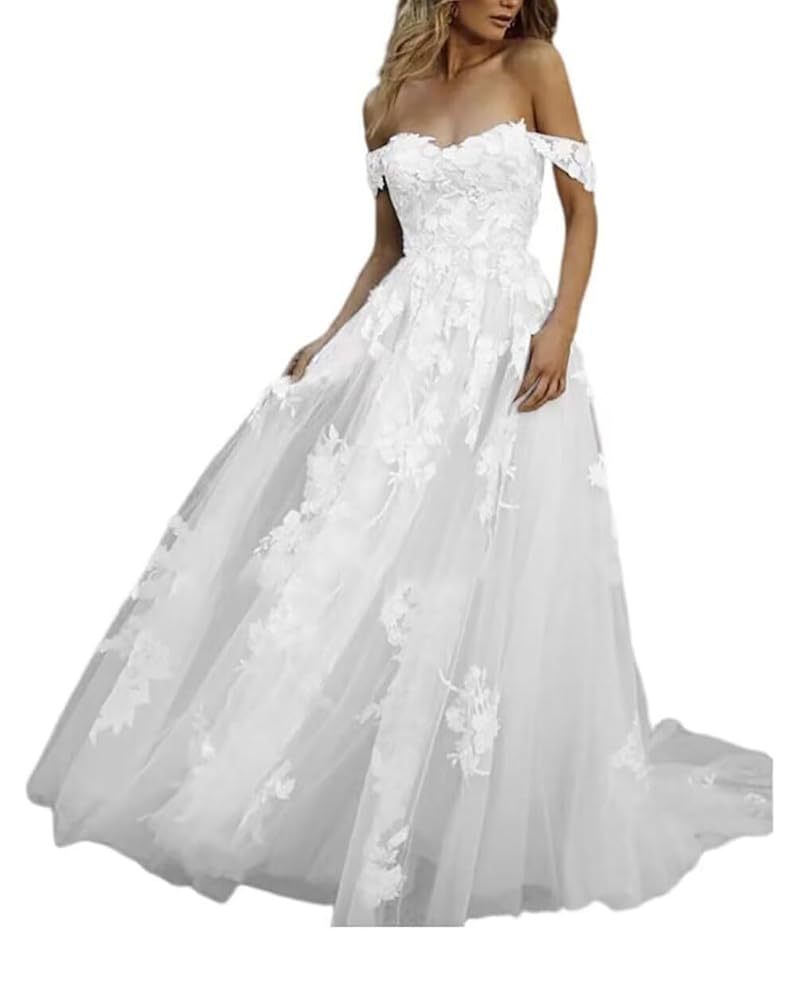 Vestido de novia elegante europeo y americano, estilo Amazon, AliExpress, Wish, con hombros descubiertos, encaje, largo y elegante, para la noche.