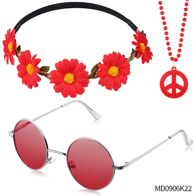 Accesorios de vestir hippies de la década de 1960, diadema de girasol, gafas redondas, conjunto de aretes de collar de talismán de paz
