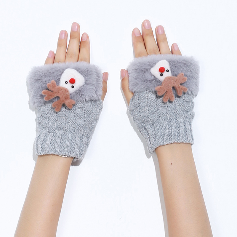 New knitted wool autumn and winter jacquard plaid bow Christmas warm half finger gloves wholesale_voghion.com