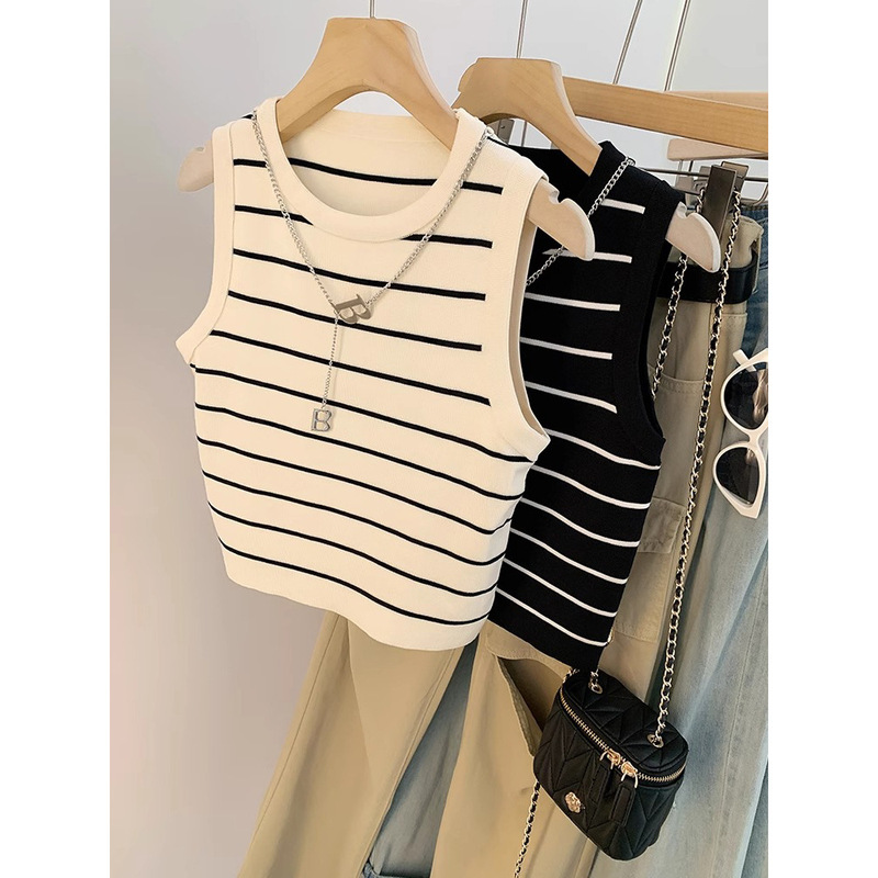 Ice Silk Thin Contrast Color Striped Vest Women's Summer Slim Sleeveless Bottoming Top Anti-Exposed Waistcoat Suspbottomer