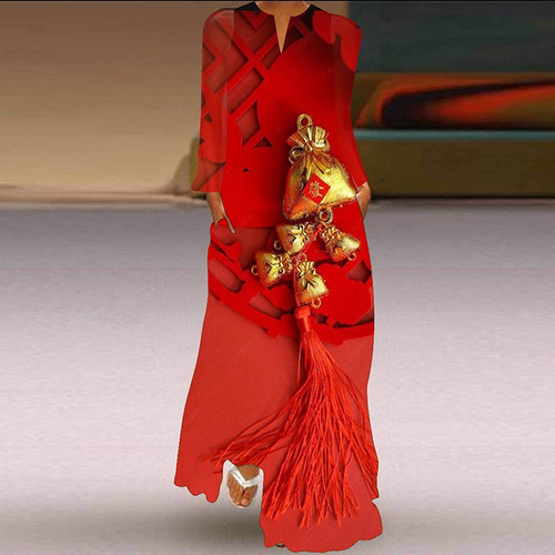 2024 European and American Amazon Spring and Summer Cross-border New Women's Long Skirt V-neck Long Sleeve Pocket Print Loose Dress
