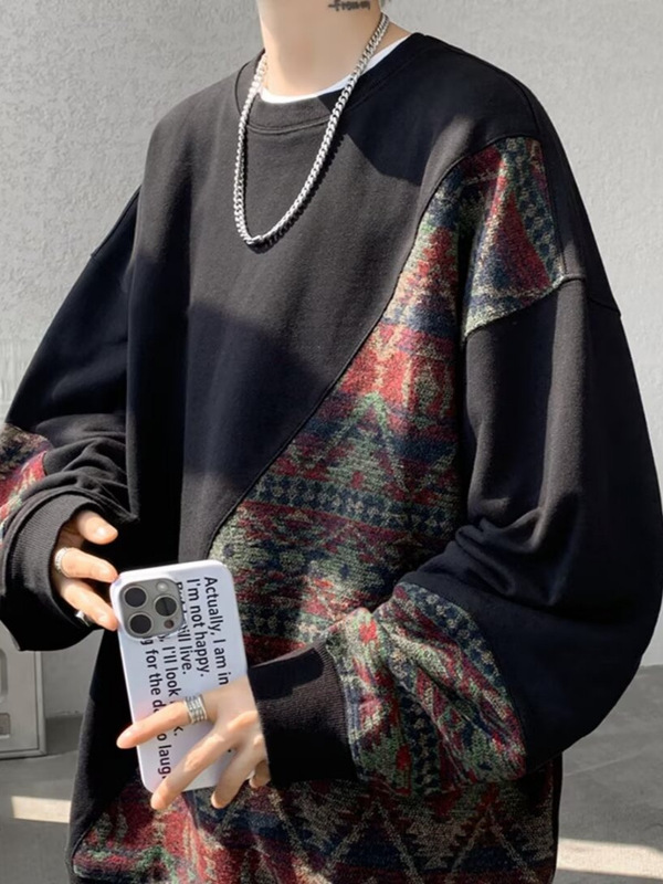 男士圆领卫衣春秋款大码宽松痞帅男生外套新中式拼接拼色套头上衣|undefined
