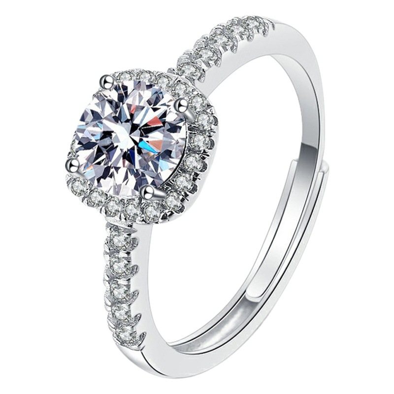 Douyin Live Broadcast Hot Selling S925 Silver Classic Small Sugar Cube One Carat Simulated Diamond Princess Square Bag Live Ring for Women