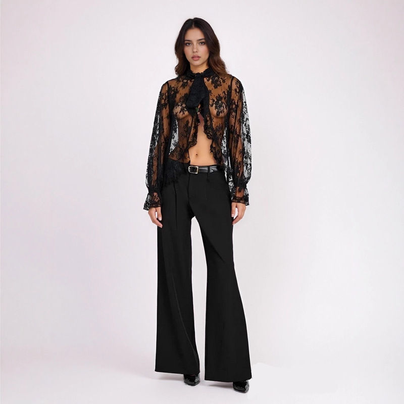 Early Spring European and American Ins Influencer Foreign Trade Sheer Lace Solid Color Stylish Sexy Long-Sleeve Shirt Top Base Shirt Early Spring European and American Ins Influencer Foreign Trade Sheer Lace Solid Color Stylish Sexy Long-Sleeve Shirt Top Base Shirt