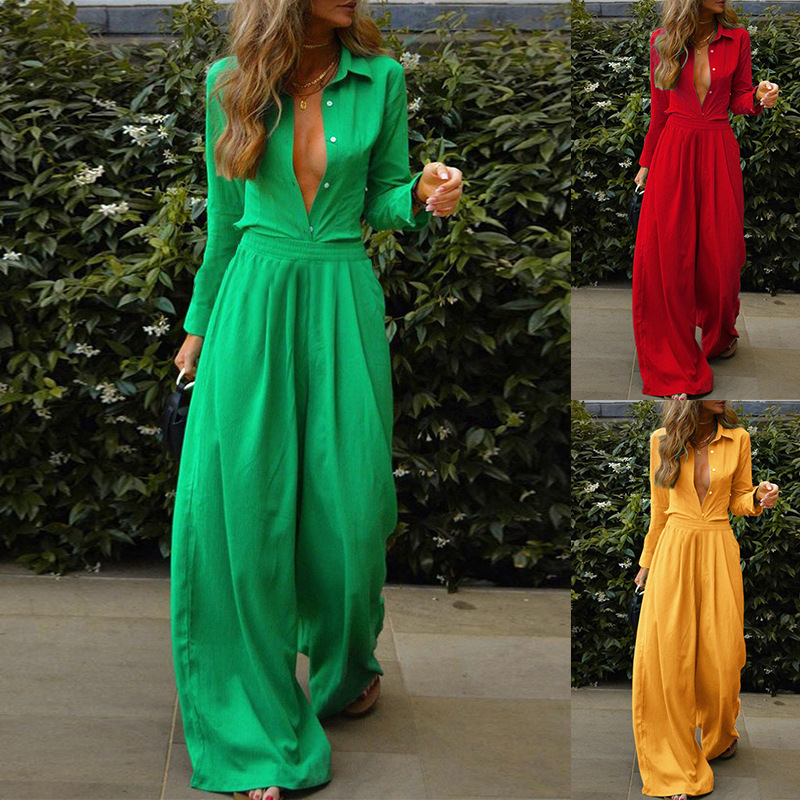 long sleeve solid color shirt and loose wide-leg trousers two-piece set NSONF120052