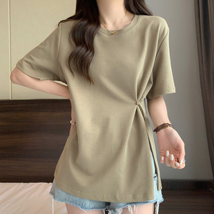 Plus Size Women's French Mid-Length Butt-Covering Right Shoulder Short-Sleeved T-Shirt Summer Fat mm Waist-Covering Belly Slimming Look Top