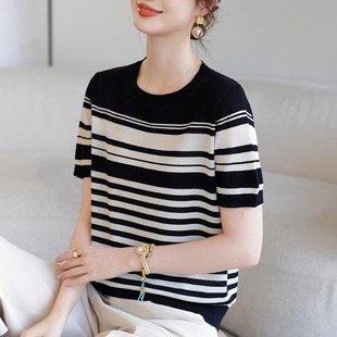 Western-Style Mom Summer Short-Sleeved T-Shirt 2025 New Middle-Aged and Elderly Women's Summer Ice Silk Tops Thin Knitted Shirts